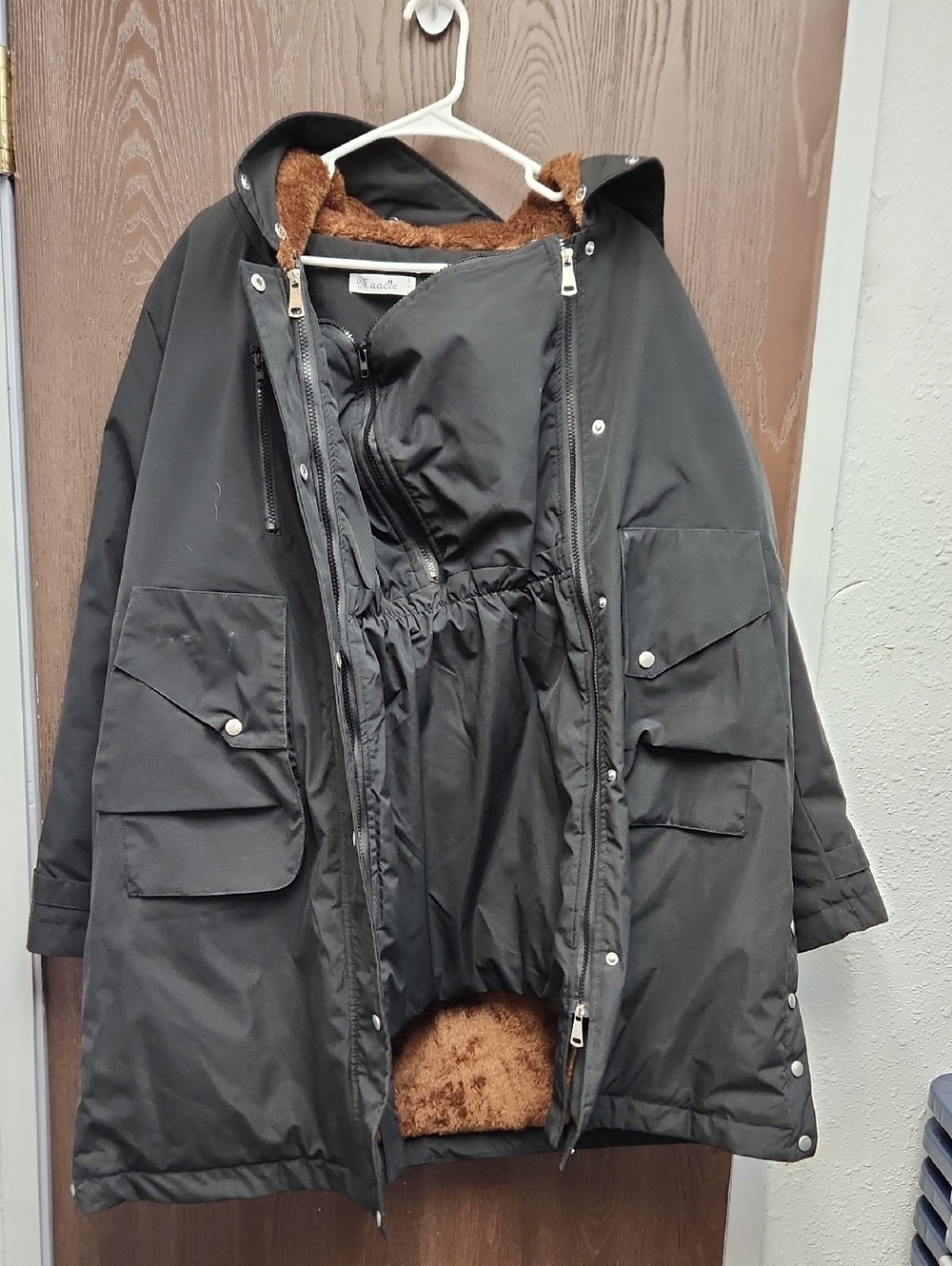 Women's Black Hooded Puffer Parka with Carrier Cover Panel